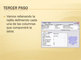 TERCER PASOVamos rellenando la rejilla definiendo cada una de las columnas que compondrá la tabla: