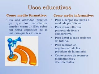 Usos educativos
Como medio formativo:           Como medio informativo:
• Es una actividad práctica    • Para albergar las tareas a
  ya que los estudiantes         modo de portafolios.
  pueden crean un Blog sobre   • Para desarrollar un
  un tema específico de la       proyecto de forma
  materia que les interese.      colaborativa.
                               • Para llevar a cabo sesiones
                                 de tutoría.
                               • Para realizar un
                                 seguimiento de las
                                 prácticas de la materia.
                               • Como centro de recursos
                                 bibliográficos y
                                 documentales.
 