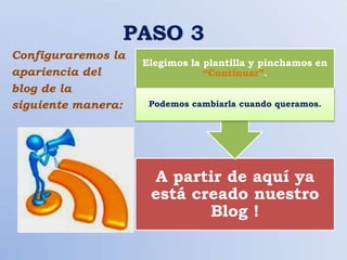 PASO 3
Configuraremos la
                    Elegimos la plantilla y pinchamos en
apariencia del                  “Continuar”.
blog de la
siguiente manera:    Podemos cambiarla cuando queramos.




                     A partir de aquí ya
                     está creado nuestro
                            Blog !
 