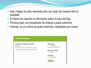 Esta imagen ha sido recortada pero así verán de manera fácil el resultadoEn About me, aparece la información sobre el autor del blogPrevious post, una recopilación de enlaces a posts anterioresArchives, es un archivo de posts anteriores, clasificados por meses