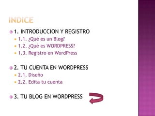 indice1. INTRODUCCION Y REGISTRO1.1. ¿Qué es un Blog?	1.2. ¿Qué es WORDPRESS?1.3. Registro en WordPress2. TU CUENTA EN WORDPRESS2.1. Diseño	2.2. Edita tu cuenta3. TU BLOG EN WORDPRESS