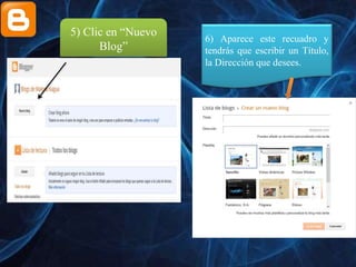 5) Clic en “Nuevo
Blog”
6) Aparece este recuadro y
tendrás que escribir un Título,
la Dirección que desees.
 