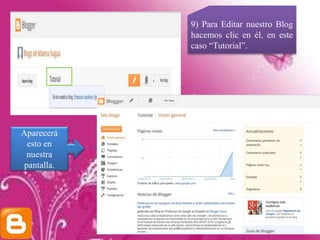 9) Para Editar nuestro Blog
hacemos clic en él, en este
caso “Tutorial”.
Aparecerá
esto en
nuestra
pantalla.
 