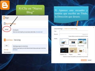 8) Clic en “Nuevo
Blog”
9) Aparece este recuadro y
tendrás que escribir un Título,
la Dirección que desees.
 