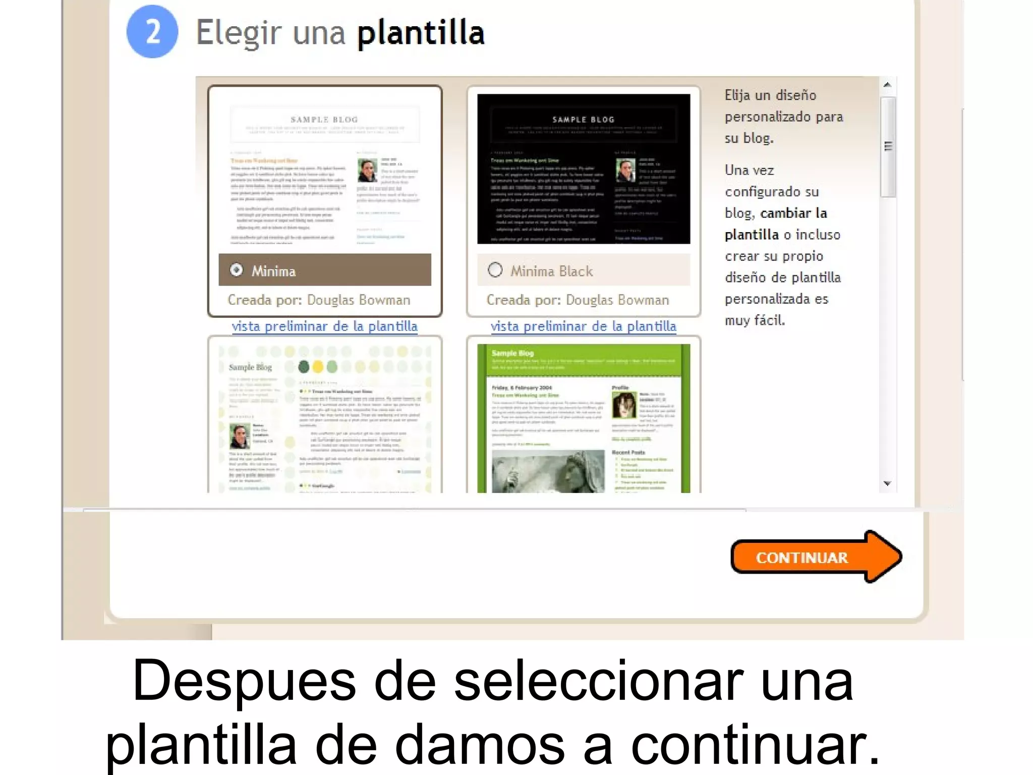 Despues de seleccionar una plantilla de damos a continuar. 