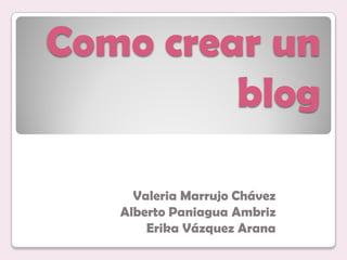 Como crear un
         blog

     Valeria Marrujo Chávez
   Alberto Paniagua Ambriz
       Erika Vázquez Arana
 