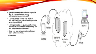 • ¿Alguna vez le ha faltado espacio
en su computadora para
almacenar documentos?
• ¿Ha querido enviar vía mail un
archivo adjunto demasiado grande
y no ha podido?
• ¿Ha pensado en que sus alumnos
creen un documento conjunto y no
ha sabido cómo hacerlo?
• Hoy vas a averiguar cómo hacer
esto y mucho más.
¡Adelante!
 