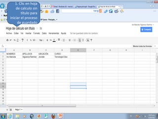 1. Clic en hoja
de calculo sin
título para
iniciar el proceso
de guardado
