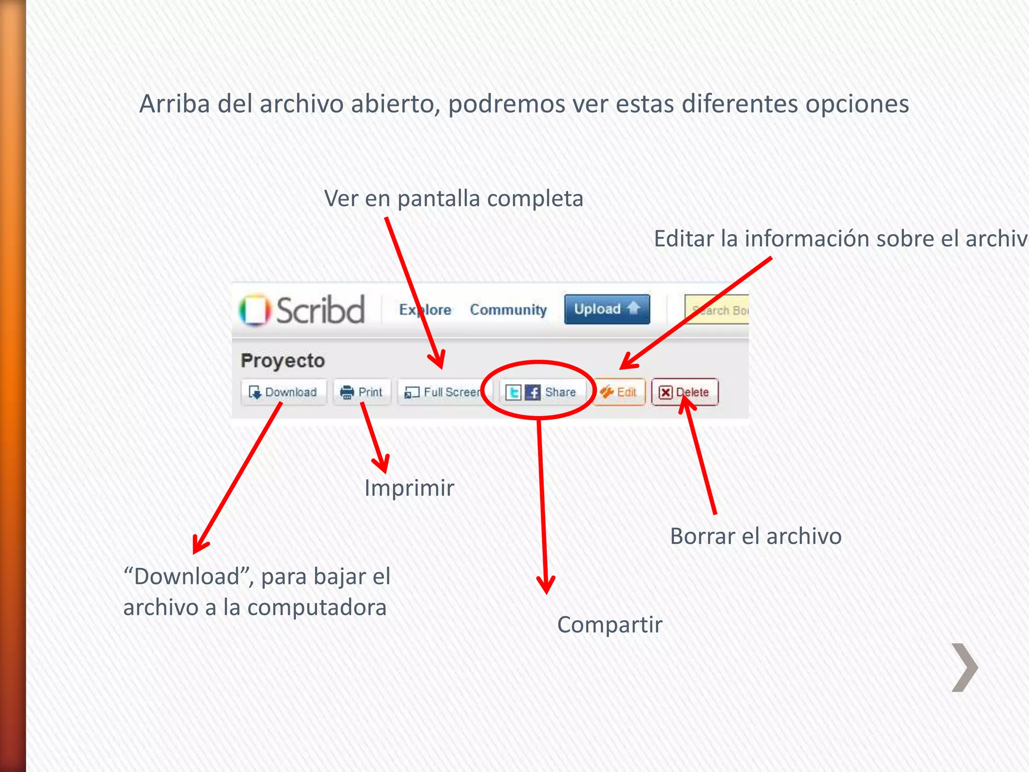 Arriba del archivo abierto, podremos ver estas diferentes opciones


                  Ver en pantalla completa
                                               Editar la información sobre el archivo




                      Imprimir
                                                   Borrar el archivo
“Download”, para bajar el
archivo a la computadora
                                       Compartir
 