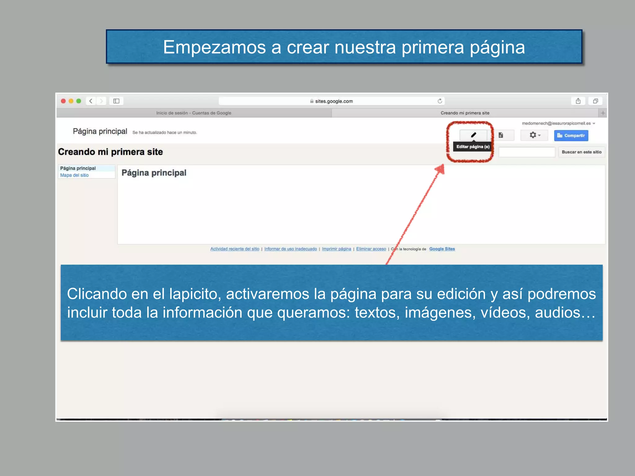 Empezamos a crear nuestra primera página
Clicando en el lapicito, activaremos la página para su edición y así podremos
incluir toda la información que queramos: textos, imágenes, vídeos, audios…
 