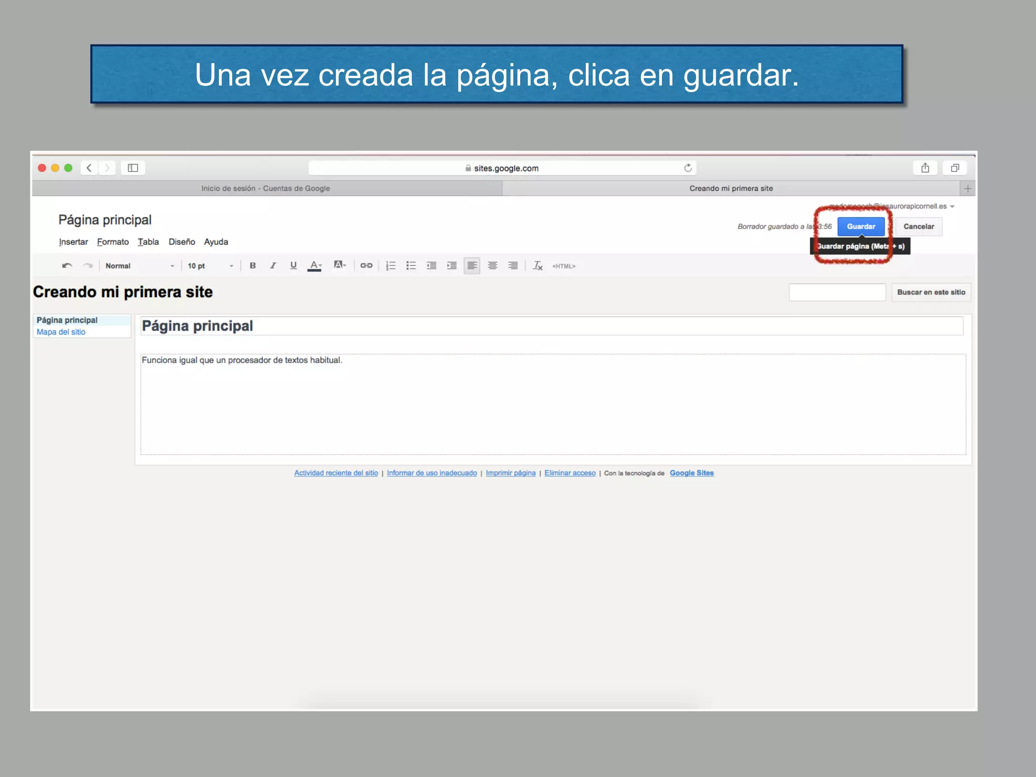 Una vez creada la página, clica en guardar.
 