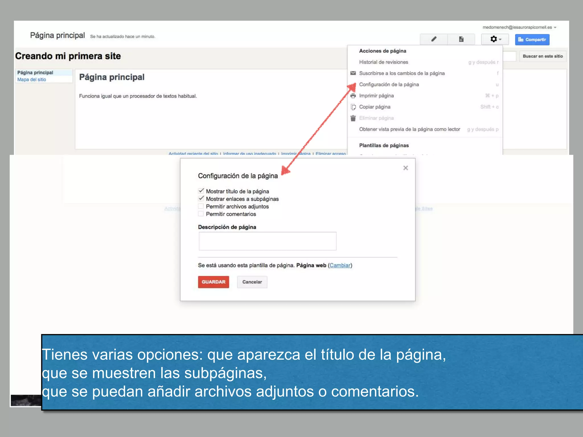 Tienes varias opciones: que aparezca el título de la página,
que se muestren las subpáginas,
que se puedan añadir archivos adjuntos o comentarios.
 