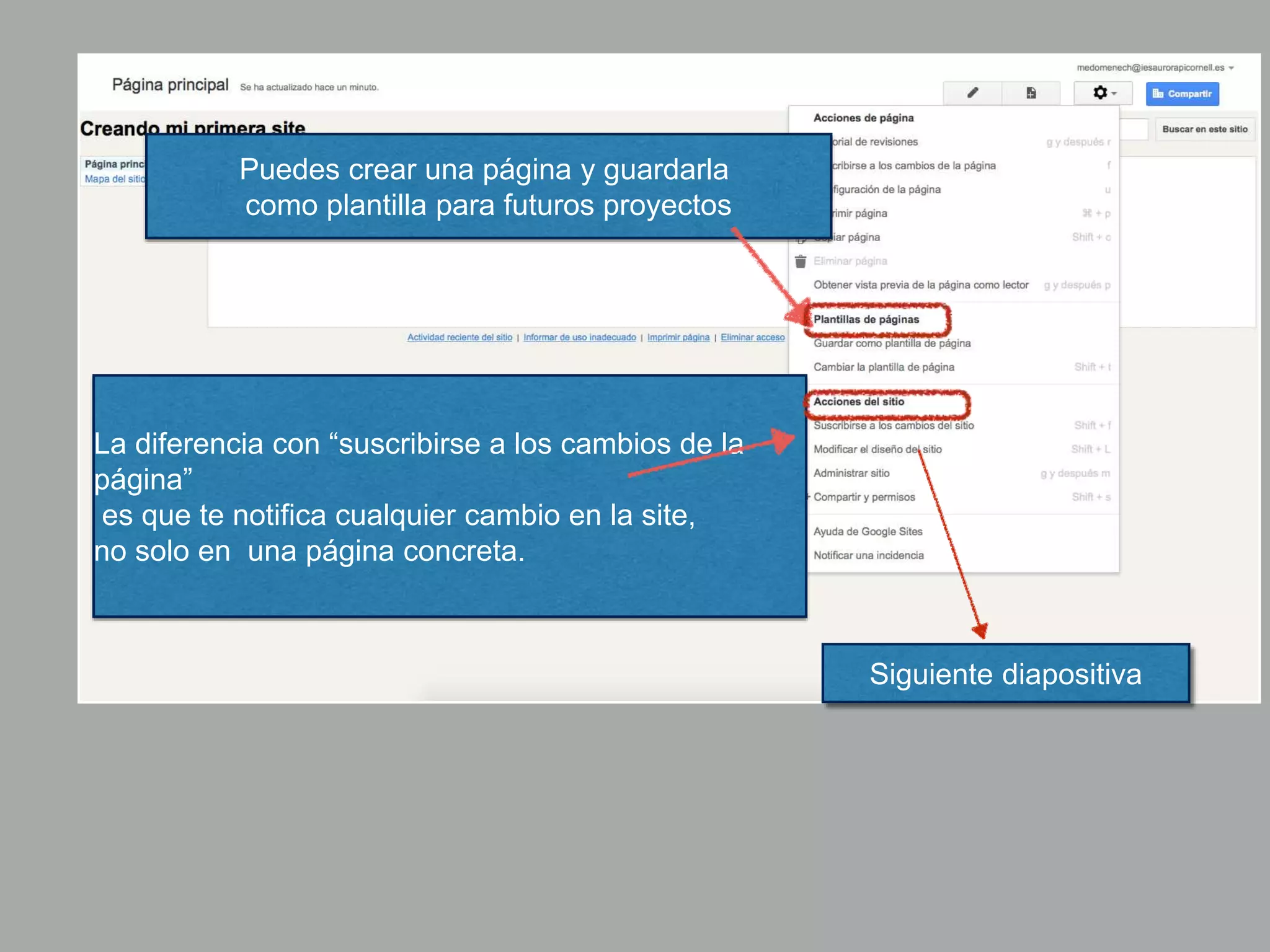 Puedes crear una página y guardarla
como plantilla para futuros proyectos
La diferencia con “suscribirse a los cambios de la
página”
es que te notifica cualquier cambio en la site,
no solo en una página concreta.
Siguiente diapositiva
 