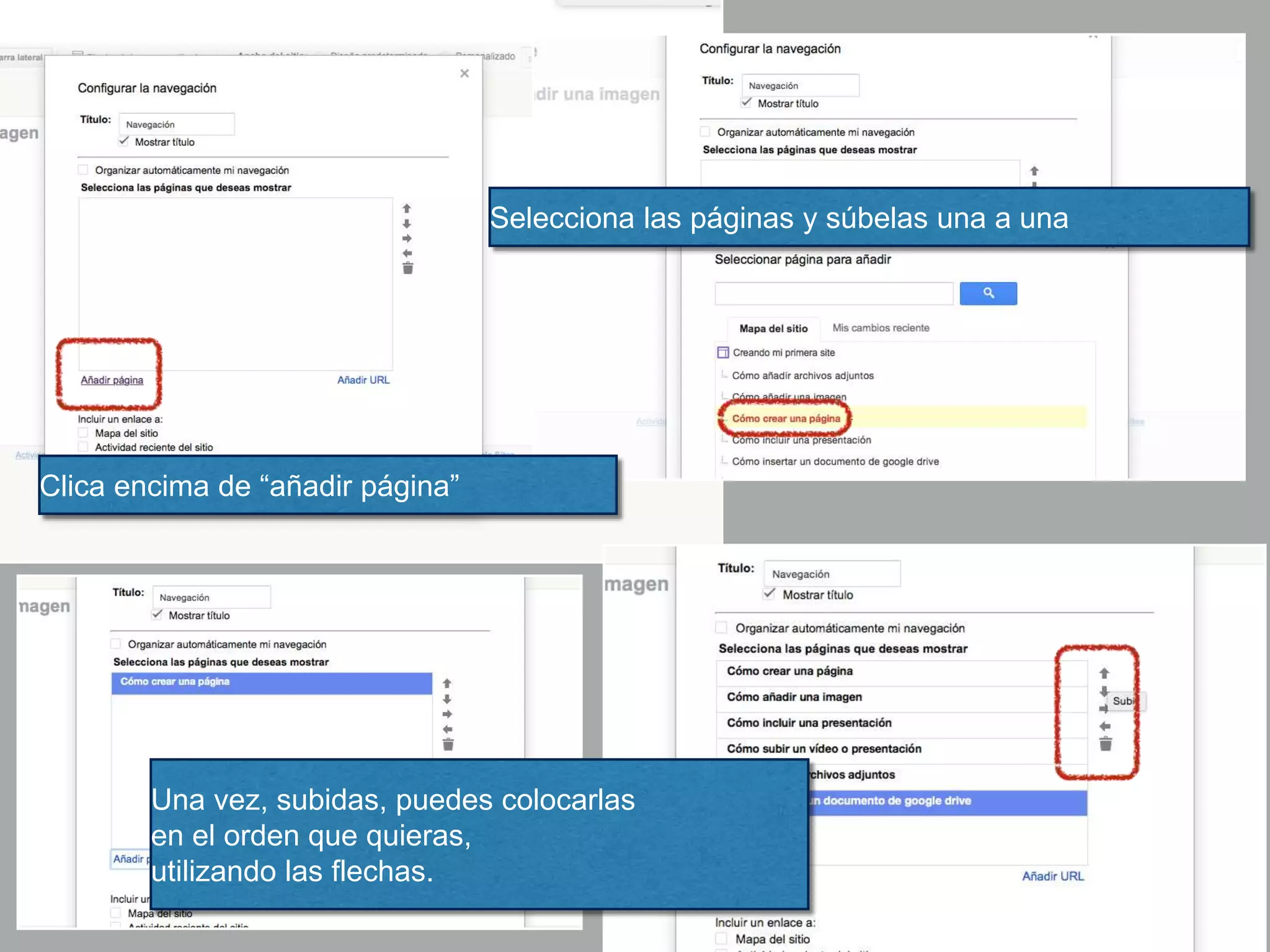 Clica encima de “añadir página”
Selecciona las páginas y súbelas una a una
Una vez, subidas, puedes colocarlas
en el orden que quieras,
utilizando las flechas.
 