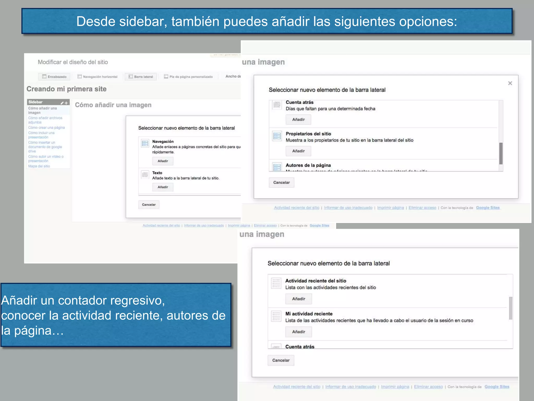 Desde sidebar, también puedes añadir las siguientes opciones:
Añadir un contador regresivo,
conocer la actividad reciente, autores de
la página…
 