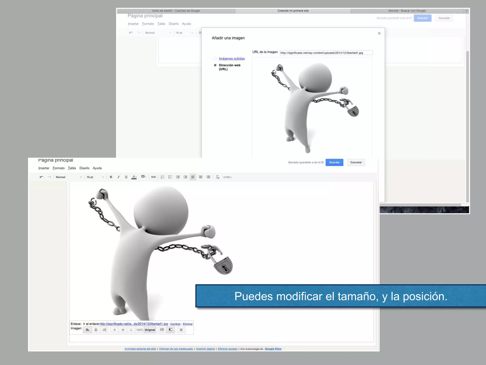 Puedes modificar el tamaño, y la posición.
 