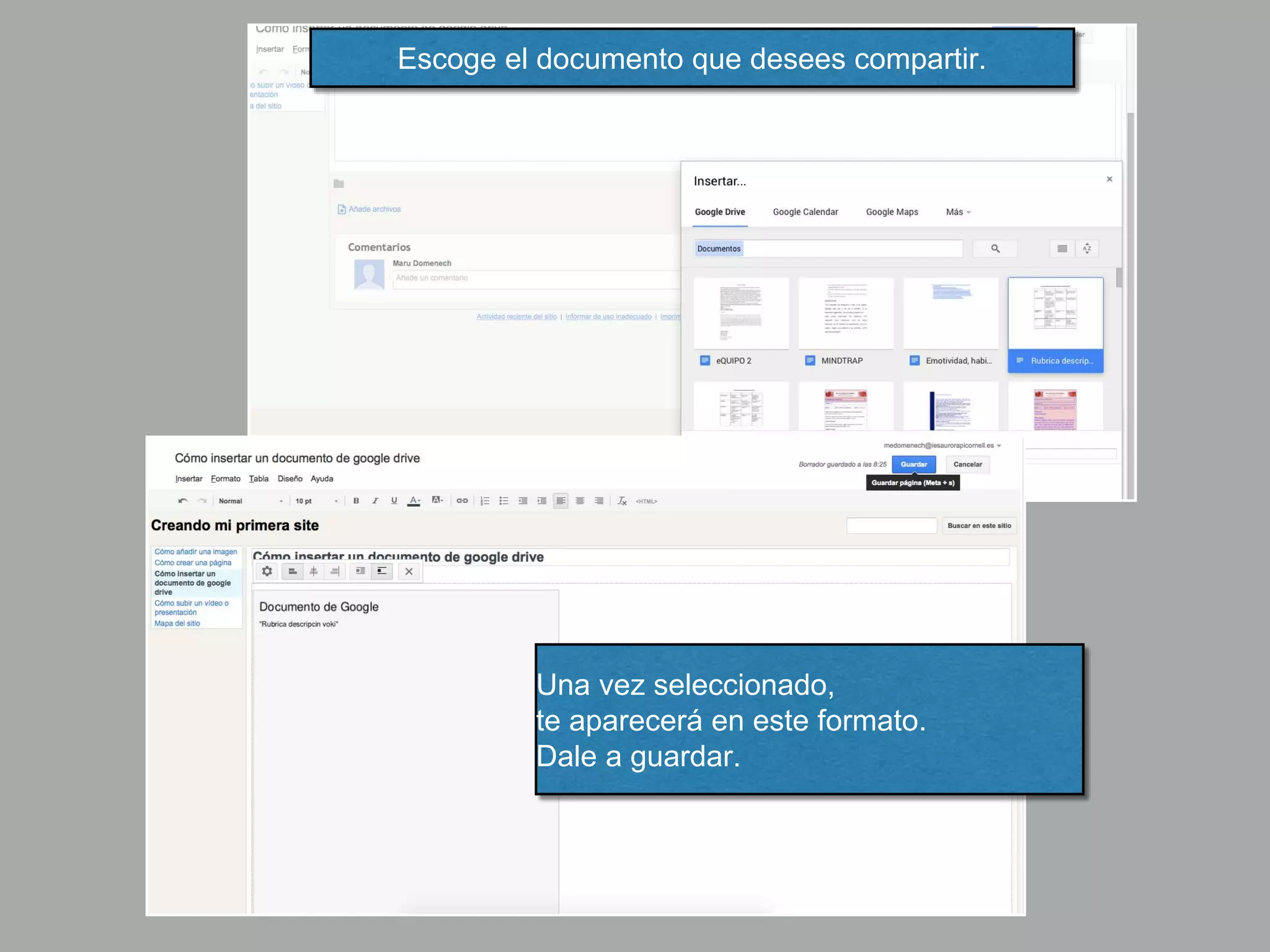 Escoge el documento que desees compartir.
Una vez seleccionado,
te aparecerá en este formato.
Dale a guardar.
 