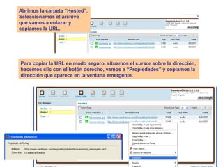 Abrimos la carpeta “Hosted”.
Seleccionamos el archivo
que vamos a enlazar y
copiamos la URL.
Para copiar la URL en modo seguro, situamos el cursor sobre la dirección,
hacemos clic con el botón derecho, vamos a “Propiedades” y copiamos la
dirección que aparece en la ventana emergente.
 