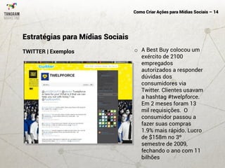 Como Criar Ações para Mídias Sociais – 14
TWITTER | Exemplos
Estratégias para Mídias Sociais
o A Best Buy colocou um
exército de 2100
empregados
autorizados a responder
dúvidas dos
consumidores via
Twitter. Clientes usavam
a hashtag #twelpforce.
Em 2 meses foram 13
mil requisições. O
consumidor passou a
fazer suas compras
1.9% mais rápido. Lucro
de $158m no 3º
semestre de 2009,
fechando o ano com 11
bilhões
 