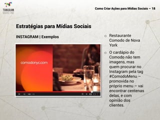 Como Criar Ações para Mídias Sociais – 18
INSTAGRAM | Exemplos
Estratégias para Mídias Sociais
o Restaurante
Comodo de Nova
York
o O cardápio do
Comodo não tem
imagens, mas
quem procurar no
Instagram pela tag
#ComodoMenu –
promovida no
próprio menu – vai
encontrar centenas
delas, e com
opinião dos
clientes.
 