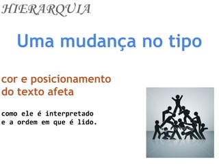 HIERARQUIA
Uma mudança no tipo
cor e posicionamento
do texto afeta
como ele é interpretado
e a ordem em que é lido.
 