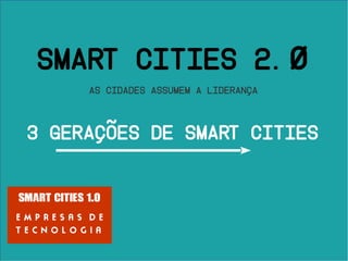 3 Gerações de Smart Cities
SMART CITIES 2.0
AS CIDADES ASSUMEM A LIDERANÇA
SMART CITIES 1.0
E M P R E S A S D E
T E C N O L O G I A
 