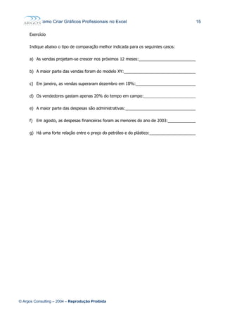 Como Criar Gráficos Profissionais no Excel 15
Exercício
Indique abaixo o tipo de comparação melhor indicada para os seguintes casos:
a) As vendas projetam-se crescer nos próximos 12 meses:__________________________
b) A maior parte das vendas foram do modelo XY:________________________________
c) Em janeiro, as vendas superaram dezembro em 10%:___________________________
d) Os vendedores gastam apenas 20% do tempo em campo:_______________________
e) A maior parte das despesas são administrativas:________________________________
f) Em agosto, as despesas financeiras foram as menores do ano de 2003:_____________
g) Há uma forte relação entre o preço do petróleo e do plástico:_____________________
© Argos Consulting – 2004 – Reprodução Proibida
 