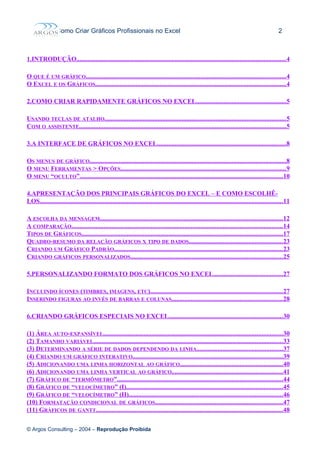 Como Criar Gráficos Profissionais no Excel 2
1.INTRODUÇÃO..................................................................................................................................4
O QUE É UM GRÁFICO............................................................................................................................4
O EXCEL E OS GRÁFICOS......................................................................................................................4
2.COMO CRIAR RAPIDAMENTE GRÁFICOS NO EXCEL........................................................5
USANDO TECLAS DE ATALHO................................................................................................................5
COM O ASSISTENTE................................................................................................................................5
3.A INTERFACE DE GRÁFICOS NO EXCEL................................................................................8
OS MENUS DE GRÁFICO..........................................................................................................................8
O MENU FERRAMENTAS > OPÇÕES......................................................................................................9
O MENU “OCULTO”..............................................................................................................................10
4.APRESENTAÇÃO DOS PRINCIPAIS GRÁFICOS DO EXCEL – E COMO ESCOLHÊ-
LOS......................................................................................................................................................11
A ESCOLHA DA MENSAGEM.................................................................................................................12
A COMPARAÇÃO...................................................................................................................................14
TIPOS DE GRÁFICOS.............................................................................................................................17
QUADRO-RESUMO DA RELAÇÃO GRÁFICOS X TIPO DE DADOS..........................................................23
CRIANDO UM GRÁFICO PADRÃO........................................................................................................23
CRIANDO GRÁFICOS PERSONALIZADOS..............................................................................................25
5.PERSONALIZANDO FORMATO DOS GRÁFICOS NO EXCEL...........................................27
INCLUINDO ÍCONES (TIMBRES, IMAGENS, ETC)..................................................................................27
INSERINDO FIGURAS AO INVÉS DE BARRAS E COLUNAS.....................................................................28
6.CRIANDO GRÁFICOS ESPECIAIS NO EXCEL......................................................................30
(1) ÁREA AUTO-EXPANSÍVEL...............................................................................................................30
(2) TAMANHO VARIÁVEL.....................................................................................................................33
(3) DETERMINANDO A SÉRIE DE DADOS DEPENDENDO DA LINHA.....................................................37
(4) CRIANDO UM GRÁFICO INTERATIVO.............................................................................................39
(5) ADICIONANDO UMA LINHA HORIZONTAL AO GRÁFICO................................................................40
(6) ADICIONANDO UMA LINHA VERTICAL AO GRÁFICO.....................................................................41
(7) GRÁFICO DE “TERMÔMETRO”.......................................................................................................44
(8) GRÁFICO DE “VELOCÍMETRO” (I).................................................................................................45
(9) GRÁFICO DE “VELOCÍMETRO” (II)...............................................................................................46
(10) FORMATAÇÃO CONDICIONAL DE GRÁFICOS...............................................................................47
(11) GRÁFICOS DE GANTT....................................................................................................................48
© Argos Consulting – 2004 – Reprodução Proibida
 