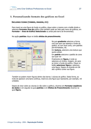 Como Criar Gráficos Profissionais no Excel 27
5.5. PersonalizandoPersonalizando formatoformato dosdos gráficosgráficos nono ExcelExcel
IINCLUINDONCLUINDO ÍCONESÍCONES ((TIMBRESTIMBRES,, IMAGENSIMAGENS,, ETCETC))
Para inserir-se uma figura de fundo no gráfico, clique sobre o mesmo com o botão direito e
selecione Formatar área do gráfico (isso também pode ser feito pelo menu de gráficos, em
Formatar > Área do Gráfico Selecionada ou ainda pela barra de ferramentas).
Na opção padrões clique no botão efeitos de preenchimento.
Na guia gradiente selecione a forma
com que quer que apareça o fundo do
gráfico, se com duas cores, com padrões
pré-formatados, etc.
Em textura, selecione uma textura que
queira utilizar.
Em padrão selecione o padrão de cores
que quer ver
Finalmente em figura, é onde se
seleciona um timbre, imagem, etc para
se incluir o fundo do gráfico. Clique no
botão selecionar figura e selecione
uma figura. Depois vá clicando em OK
até o gráfico conter sua figura.
Também se podem inserir figuras dentro das barras / colunas do gráfico. Desta forma, ao
invés de aparecer uma barra contínua, insere-se uma figura que represente, por exemplo, mil
unidades.
Depois de clicar sobre as colunas (e não sobre o gráfico), clicamos em Formatar seqüência
de dados e em seguida na guia padrões e em Efeitos de Preenchimento clicamos na
guia figura.
© Argos Consulting – 2004 – Reprodução Proibida
 