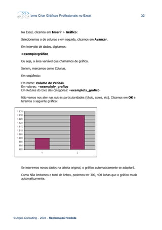 Como Criar Gráficos Profissionais no Excel 32
No Excel, clicamos em Inserir > Gráfico:
Selecionemos o de colunas e em seguida, clicamos em Avançar.
Em intervalo de dados, digitamos:
=exemplo!gráfico
Ou seja, a área variável que chamamos de gráfico.
Seriem, marcamos como Colunas.
Em seqüência:
Em nome: Volume de Vendas
Em valores: =exemplo!y_grafico
Em Rótulos do Eixo das categorias: =exemplo!x_grafico
Não vamos nos ater nas outras particularidades (título, cores, etc). Clicamos em OK e
teremos o seguinte gráfico:
Se inserirmos novos dados na tabela original, o gráfico automaticamente se adaptará.
Como Não limitamos o total de linhas, podemos ter 300, 400 linhas que o gráfico muda
automaticamente.
© Argos Consulting – 2004 – Reprodução Proibida
 