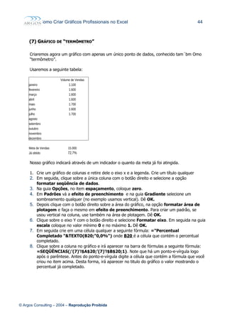 Como Criar Gráficos Profissionais no Excel 44
(7)(7) GGRÁFICORÁFICO DEDE ““TERMÔMETROTERMÔMETRO””
Criaremos agora um gráfico com apenas um único ponto de dados, conhecido tam´bm Omo
“termômetro”.
Usaremos a seguinte tabela:
Volume de Vendas
janeiro 1.100
fevereiro 1.600
março 1.600
abril 1.600
maio 1.700
junho 1.600
julho 1.700
agosto
setembro
outubro
novembro
dezembro
Meta de Vendas 15.000
Já obtido 72,7%
Nosso gráfico indicará através de um indicador o quanto da meta já foi atingida.
1. Crie um gráfico de colunas e retire dele o eixo x e a legenda. Crie um título qualquer
2. Em seguida, clique sobre a única coluna com o botão direito e selecione a opção
formatar seqüência de dados.
3. Na guia Opções, no item espaçamento, coloque zero.
4. Em Padrões vá a efeito de preenchimento e na guia Gradiente selecione um
sombreamento qualquer (no exemplo usamos vertical). Dê OK.
5. Depois clique com o botão direito sobre a área do gráfico, na opção formatar área de
plotagem e faça o mesmo em efeito de preenchimento. Para criar um padrão, se
usou vertical na coluna, use também na área de plotagem. Dê OK.
6. Clique sobre o eixo Y com o botão direito e selecione Formatar eixo. Em seguida na guia
escala coloque no valor mínimo 0 e no máximo 1. Dê OK.
7. Em seguida crie em uma célula qualquer a seguinte fórmula: ="Percentual
Completado "&TEXTO(B20;"0,0%") onde B20 é a célula que contém o percentual
completado.
8. Clique sobre a coluna no gráfico e irá aparecer na barra de fórmulas a seguinte fórmula:
=SEQÜÊNCIAS(;'(7)'!$A$20;'(7)'!$B$20;1). Note que há um ponto-e-vírgula logo
após o parêntese. Antes do ponto-e-vírgula digite a célula que contém a fórmula que você
criou no item acima. Desta forma, irá aparecer no titulo do gráfico o valor mostrando o
percentual já completado.
© Argos Consulting – 2004 – Reprodução Proibida
 