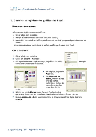 Como Criar Gráficos Profissionais no Excel 5
2.2. ComoComo criarcriar rapidamenterapidamente gráficosgráficos nono ExcelExcel
UUSANDOSANDO TECLASTECLAS DEDE ATALHOATALHO
A forma mais rápida de criar um gráfico é:
1. Crie a tabela com os dados;
2. Marque a área com todos os dados (incluindo títulos);
3. Aperte f11. Isso criará um gráfico padrão em sua planilha, que poderá posteriormente ser
alterado.
Veremos mais adiante como alterar o gráfico padrão que é criado pelo Excel.
CCOMOM OO ASSISTENTEASSISTENTE
1. Crie a tabela com os dados;
2. Clique em Inserir > Gráfico;
3. Em seguida selecione o tipo e subtipo de gráfico. Em nosso exemplo,
vamos criar um simples de colunas.
4. Em seguida, clique em
Avançar.
5. Em Intervalo de
dados, marque a área
total do gráfico,
incluindo os títulos. No
exemplo da planilha,
nossa área é a de
A2:D5.
6. Selecione a opção Linhas; desta forma o Excel entenderá
que a série de dados a ser plotada está localizada nas linhas e não nas colunas
7. Na guia seqüência o Excel automaticamente já criou nossas séries. Basta clicar em
avançar
© Argos Consulting – 2004 – Reprodução Proibida
 
