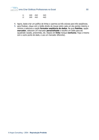 Como Criar Gráficos Profissionais no Excel 50
11 2400 #N/D #N/D
12 1600 #N/D #N/D
4. Agora, basta criar um gráfico de linhas e usarmos as três colunas para três seqüências.
5. para finalizar, clique com o botão direito do mouse sobre cada um dos pontos máximo e
mínimo e selecione a opção formatar seqüência de dados. Na guia Padrões, opção
marcador, selecione um marcador personalizado e escolha um estilo para ela
(quadrado vazado, preenchido, etc. Depois em linha marque nenhuma. Faça o mesmo
com o outro ponto de dado, e use um marcador diferente).
© Argos Consulting – 2004 – Reprodução Proibida
 