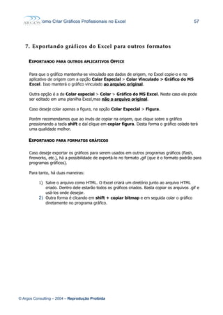 Como Criar Gráficos Profissionais no Excel 57
7.7. ExportandoExportando gráficosgráficos dodo ExcelExcel parapara outrosoutros formatosformatos
EEXPORTANDOXPORTANDO PARAPARA OUTROSOUTROS APLICATIVOSAPLICATIVOS OOFFICEFFICE
Para que o gráfico mantenha-se vinculado aos dados de origem, no Excel copie-o e no
aplicativo de origem com a opção Colar Especial > Colar Vinculado > Gráfico do MS
Excel. Isso manterá o gráfico vinculado ao arquivo original.
Outra opção é a de Colar especial > Colar > Gráfico do MS Excel. Neste caso ele pode
ser editado em uma planilha Excel,mas não o arquivo original.
Caso deseje colar apenas a figura, na opção Colar Especial > Figura.
Porém recomendamos que ao invés de copiar na origem, que clique sobre o gráfico
pressionando a tecla shift e daí clique em copiar figura. Desta forma o gráfico colado terá
uma qualidade melhor.
EEXPORTANDOXPORTANDO PARAPARA FORMATOSFORMATOS GRÁFICOSGRÁFICOS
Caso deseje exportar os gráficos para serem usados em outros programas gráficos (flash,
fireworks, etc.), há a possibilidade de exportá-lo no formato .gif (que é o formato padrão para
programas gráficos).
Para tanto, há duas maneiras:
1) Salve o arquivo como HTML. O Excel criará um diretório junto ao arquivo HTML
criado. Dentro dele estarão todos os gráficos criados. Basta copiar os arquivos .gif e
usá-los onde desejar.
2) Outra forma é clicando em shift + copiar bitmap e em seguida colar o gráfico
diretamente no programa gráfico.
© Argos Consulting – 2004 – Reprodução Proibida
 