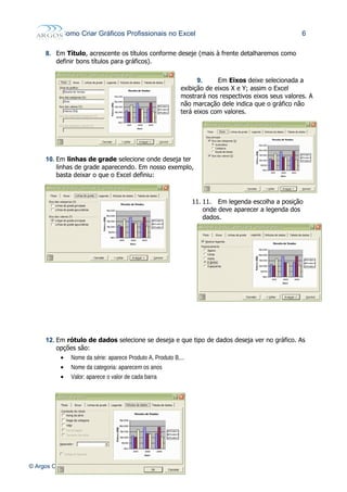 Como Criar Gráficos Profissionais no Excel 6
8. Em Título, acrescente os títulos conforme deseje (mais à frente detalharemos como
definir bons títulos para gráficos).
9. Em Eixos deixe selecionada a
exibição de eixos X e Y; assim o Excel
mostrará nos respectivos eixos seus valores. A
não marcação dele indica que o gráfico não
terá eixos com valores.
10. Em linhas de grade selecione onde deseja ter
linhas de grade aparecendo. Em nosso exemplo,
basta deixar o que o Excel definiu:
11. 11. Em legenda escolha a posição
onde deve aparecer a legenda dos
dados.
12. Em rótulo de dados selecione se deseja e que tipo de dados deseja ver no gráfico. As
opções são:
• Nome da série: aparece Produto A, Produto B,...
• Nome da categoria: aparecem os anos
• Valor: aparece o valor de cada barra
© Argos Consulting – 2004 – Reprodução Proibida
 