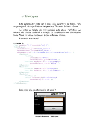 o TableLayout

      Este gerenciador pode ser o mais auto-descritivo de todos. Para
surpresa geral, ele organiza seus componentes filhos em linhas e colunas.
       As linhas da tabela são representadas pela classe TableRow. As
colunas são criadas conforme a inserção de componentes em uma mesma
linha. Não é permitido bordas em linhas, colunas e células.
      Reescreva o main.xml:

LISTAGEM 5:
<?xml version="1.0" encoding="utf-8"?>
<TableLayout
    android:layout_width="fill_parent"
    android:layout_height="fill_parent"
    xmlns:android="http://schemas.android.com/apk/res/android" >
      <TableRow>
            <TextView
                  android:text="Nome"
                  android:layout_width="100px" />
            <EditText android:id="@+id/EditText01"
                  android:layout_width="200px" />
      </TableRow>
      <TableRow>
            <TextView android:text="Endereço"/>
            <EditText android:id="@+id/EditText02" />
      </TableRow>
      <TableRow>
            <TextView />
            <Button android:id="@+id/Button01"
                  android:text="Enviar" />
      </TableRow>
</TableLayout>



      Para gerar uma interface como a Figura 9:




                        Figura 8: Utilizando TableLayout.
 