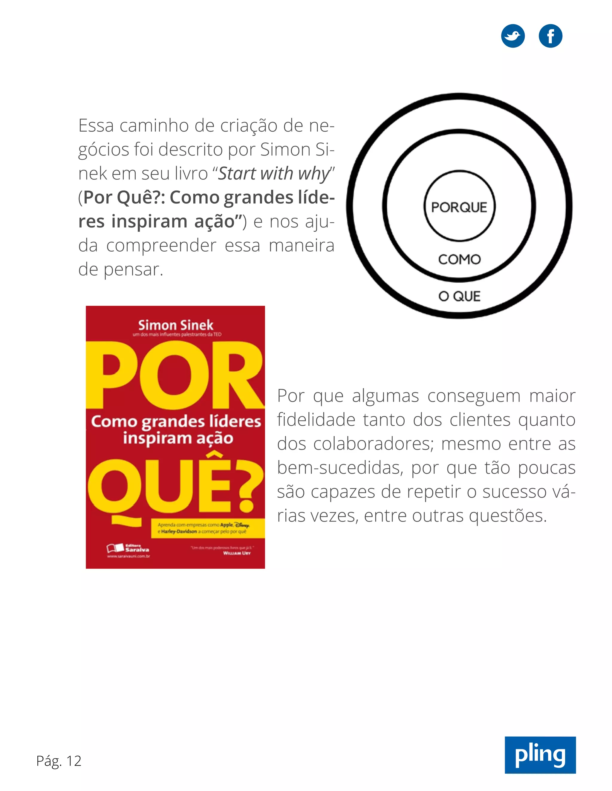 Pág. 12
Essa caminho de criação de ne-
gócios foi descrito por Simon Si-
nek em seu livro “Start with why”
(Por Quê?: Como grandes líde-
res inspiram ação”) e nos aju-
da compreender essa maneira
de pensar.
Por que algumas conseguem maior
fidelidade tanto dos clientes quanto
dos colaboradores; mesmo entre as
bem-sucedidas, por que tão poucas
são capazes de repetir o sucesso vá-
rias vezes, entre outras questões.
 