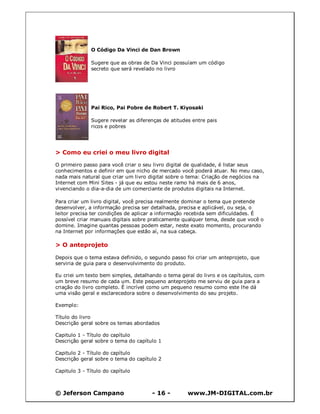 © Jeferson Campano - 16 - www.JM-DIGITAL.com.br
O Código Da Vinci de Dan Brown
Sugere que as obras de Da Vinci possuíam um código
secreto que será revelado no livro
-
Pai Rico, Pai Pobre de Robert T. Kiyosaki
Sugere revelar as diferenças de atitudes entre pais
ricos e pobres
> Como eu criei o meu livro digital
O primeiro passo para você criar o seu livro digital de qualidade, é listar seus
conhecimentos e definir em que nicho de mercado você poderá atuar. No meu caso,
nada mais natural que criar um livro digital sobre o tema: Criação de negócios na
Internet com Mini Sites - já que eu estou neste ramo há mais de 6 anos,
vivenciando o dia-a-dia de um comerciante de produtos digitais na Internet.
Para criar um livro digital, você precisa realmente dominar o tema que pretende
desenvolver, a informação precisa ser detalhada, precisa e aplicável, ou seja, o
leitor precisa ter condições de aplicar a informação recebida sem dificuldades. É
possível criar manuais digitais sobre praticamente qualquer tema, desde que você o
domine. Imagine quantas pessoas podem estar, neste exato momento, procurando
na Internet por informações que estão aí, na sua cabeça.
> O anteprojeto
Depois que o tema estava definido, o segundo passo foi criar um anteprojeto, que
serviria de guia para o desenvolvimento do produto.
Eu criei um texto bem simples, detalhando o tema geral do livro e os capítulos, com
um breve resumo de cada um. Este pequeno anteprojeto me serviu de guia para a
criação do livro completo. É incrível como um pequeno resumo como este lhe dá
uma visão geral e esclarecedora sobre o desenvolvimento do seu projeto.
Exemplo:
Título do livro
Descrição geral sobre os temas abordados
Capitulo 1 - Título do capítulo
Descrição geral sobre o tema do capítulo 1
Capitulo 2 - Título do capítulo
Descrição geral sobre o tema do capítulo 2
Capitulo 3 - Título do capítulo
 