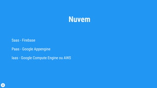 Nuvem
Saas - Firebase
Paas - Google Appengine
Iaas - Google Compute Engine ou AWS
 