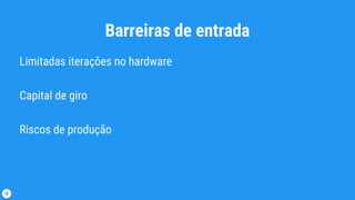 Barreiras de entrada
Limitadas iterações no hardware
Capital de giro
Riscos de produção
 