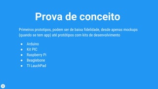 Prova de conceito
Primeiros prototipos, podem ser de baixa fidelidade, desde apenas mockups
(quando se tem app) até protótipos com kits de desenvolvimento
● Arduino
● Kit PIC
● Raspberry Pi
● Beaglebone
● TI LauchPad
 