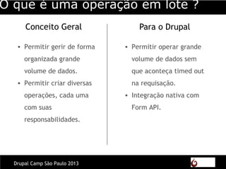 Para o Drupal
O que é uma operação em lote ?
Drupal Camp São Paulo 2013
Conceito Geral
• Permitir gerir de forma
organizada grande
volume de dados.
• Permitir criar diversas
operações, cada uma
com suas
responsabilidades.
• Permitir operar grande
volume de dados sem
que aconteça timed out
na requisação.
• Integração nativa com
Form API.
 