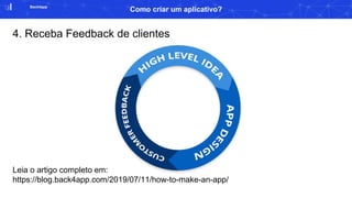 Back4app
Como criar um aplicativo?
4. Receba Feedback de clientes
Leia o artigo completo em:
https://blog.back4app.com/2019/07/11/how-to-make-an-app/
 