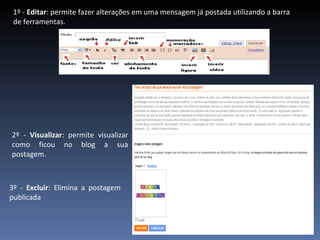 1º -  Editar : permite fazer alterações em uma mensagem já postada utilizando a barra de ferramentas. 2º -  Visualizar : permite visualizar como ficou no blog a sua postagem. 3º -  Excluir : Elimina a postagem publicada 