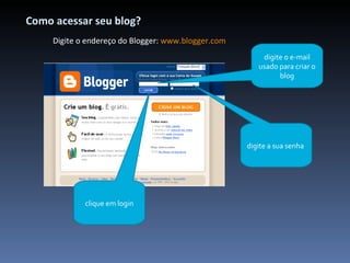 Como acessar seu blog? Digite o endereço do Blogger:  www.blogger.com digite o e-mail usado para criar o blog digite a sua senha  clique em login 