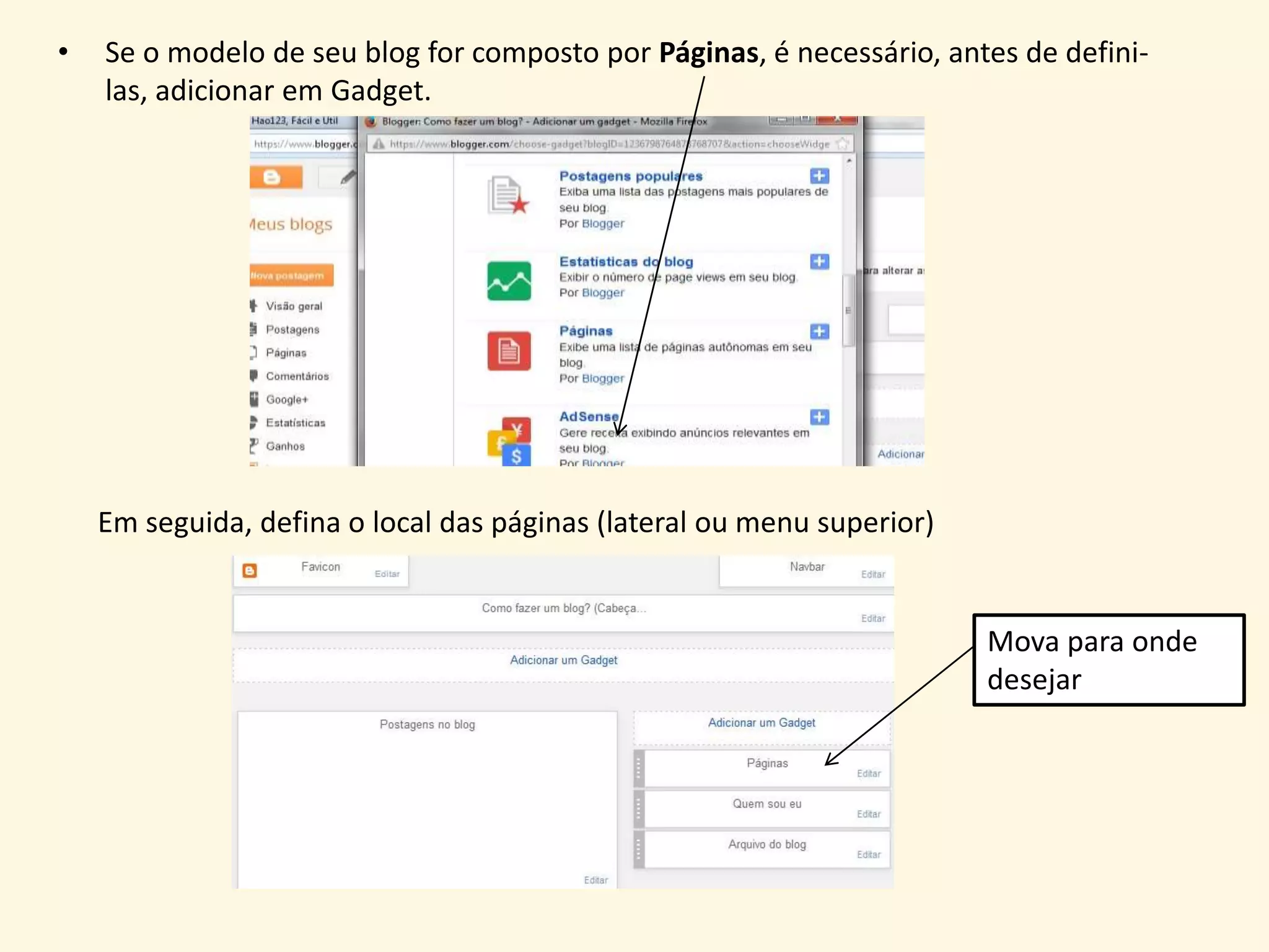 • Agora é o momento de inserir/nomear as páginas clicando em Páginas (lado
esquerdo). Clique em Nova página (adicione quantas desejar)
Abre uma caixa de texto para você definir o nome da Página (veja o exemplo). O
conteúdo são os links e/ou fotos relacionados ao nome da página. Quando concluir
clique em Publicar.
É possível Editar/Visualizar/Excluir – clique em Páginas, passe o cursor no titulo da
página para as opções aparecer.
 
