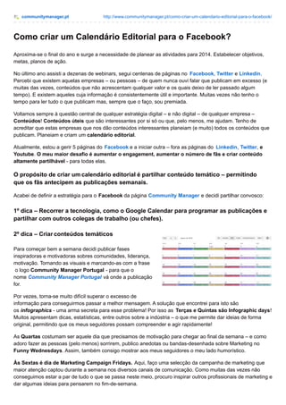 Como criar um Calendário Editorial para o Facebook? PDF Download