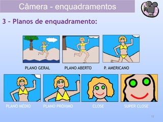 Câmera - enquadramentos
12
3 – Planos de enquadramento:
PLANO GERAL PLANO ABERTO P. AMERICANO
PLANO MÉDIO PLANO PRÓXIMO CLOSE SUPER CLOSE
 