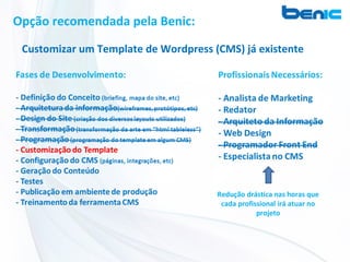Opção recomendada pela Benic:

 Customizar um Template de Wordpress (CMS) já existente




                                      Redução drástica nas horas que
                                       cada profissional irá atuar no
                                                  projeto
 