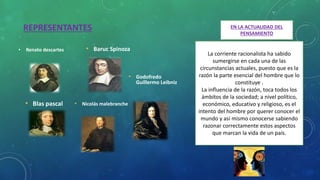 REPRESENTANTES
• Renato descartes
EN LA ACTUALIDAD DEL
PENSAMIENTO
La corriente racionalista ha sabido
sumergirse en cada una de las
circunstancias actuales, puesto que es la
razón la parte esencial del hombre que lo
constituye .
La influencia de la razón, toca todos los
ámbitos de la sociedad; a nivel político,
económico, educativo y religioso, es el
intento del hombre por querer conocer el
mundo y así mismo conocerse sabiendo
razonar correctamente estos aspectos
que marcan la vida de un país.
• Godofredo
Guillermo Leibniz
• Baruc Spinoza
• Nicolás malebranche• Blas pascal
 